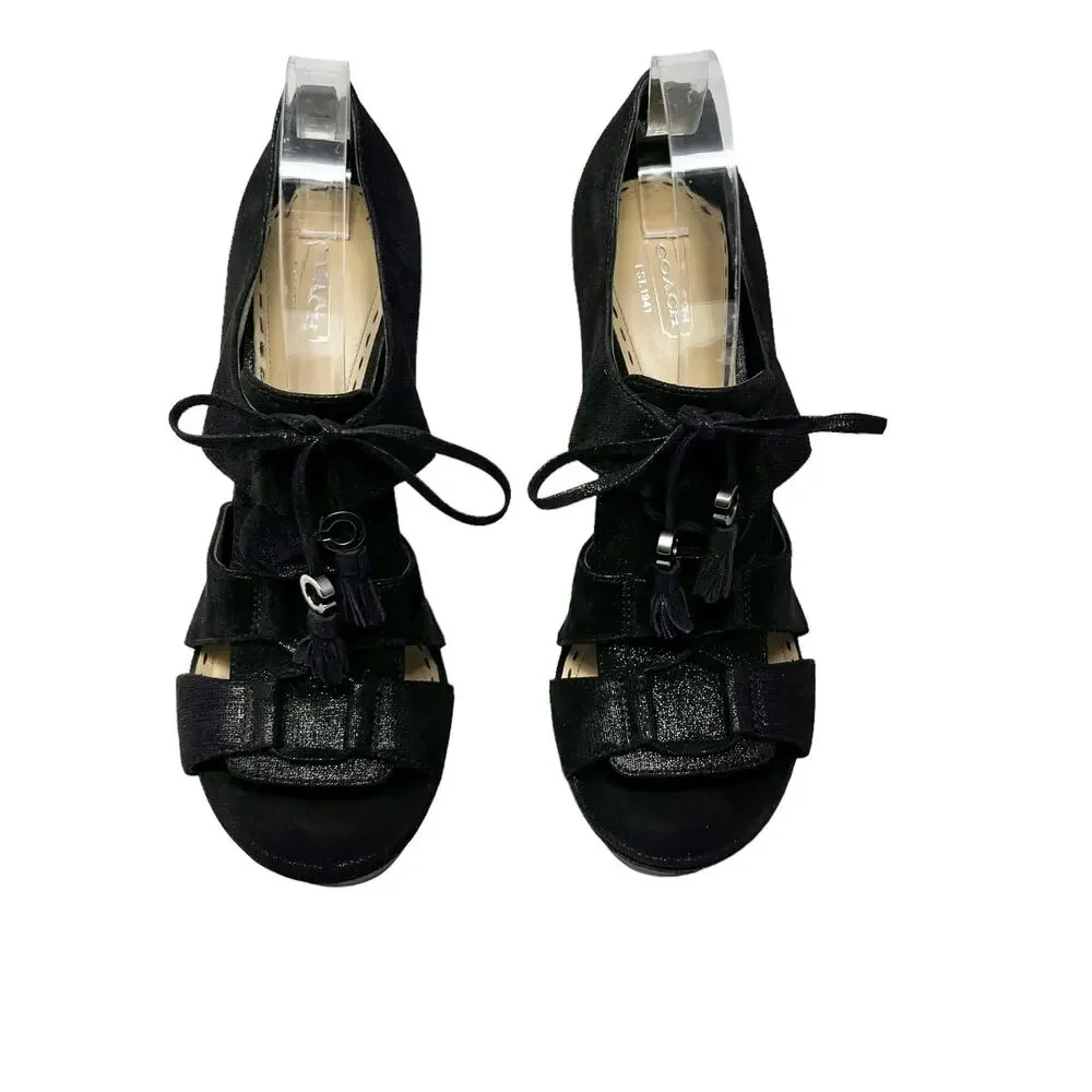 Coach Teagan Shimmer Leather Heeled Sandal Black Lace Up Size 10